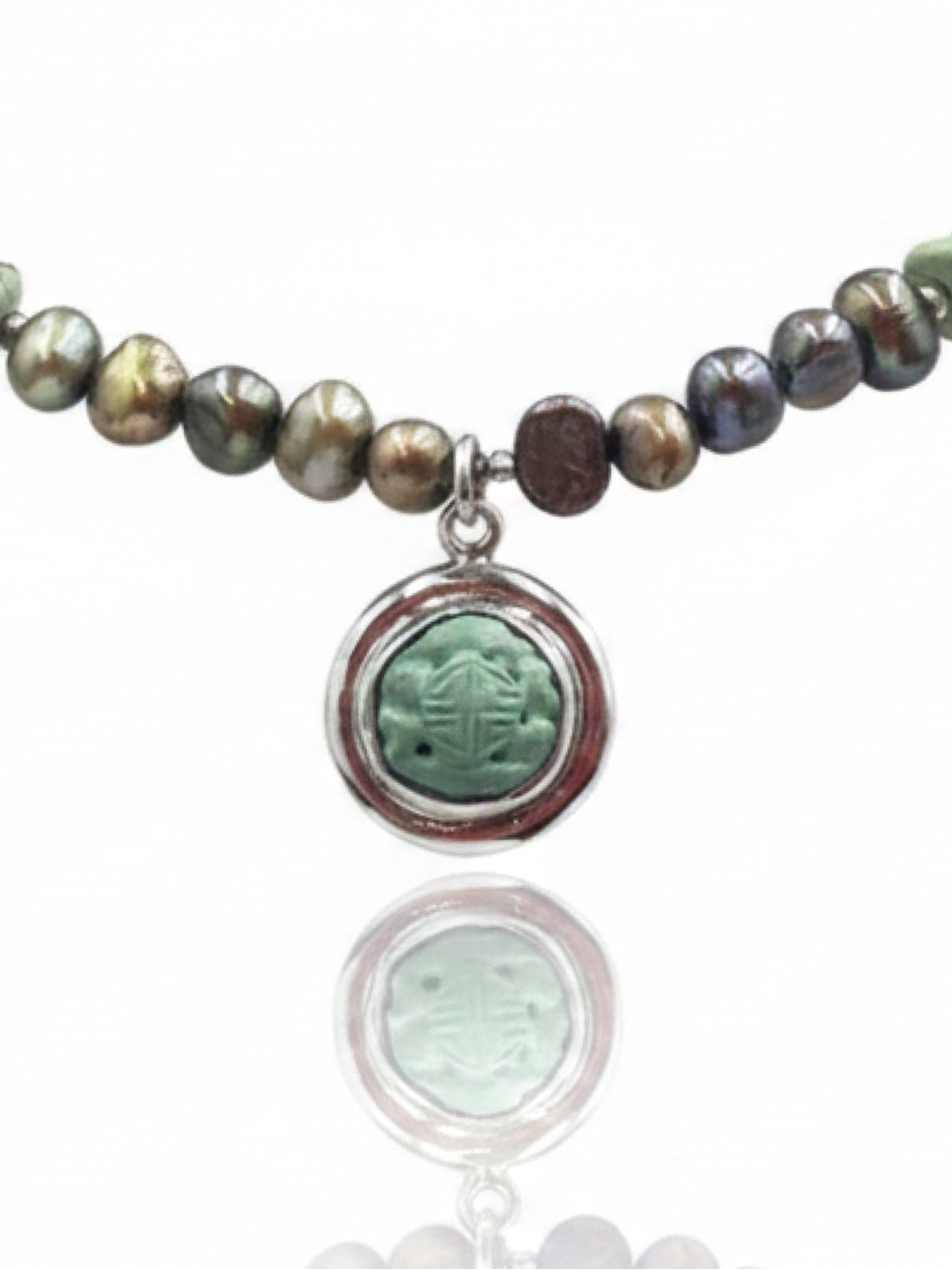 Vintage Peyote Bird Sterling Silver Pearl Carved Turquoise Shou Necklace 20.5"
